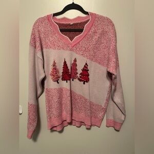 Pink and White Women's Sweater with Tree Design